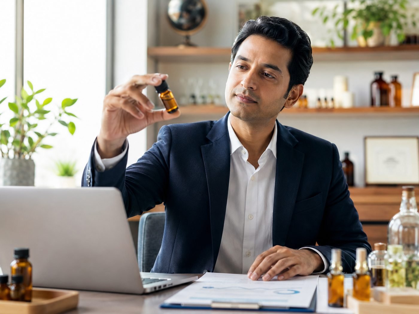 BEMIHUB Naturals team examining an essential-oil sample vial with lab reports