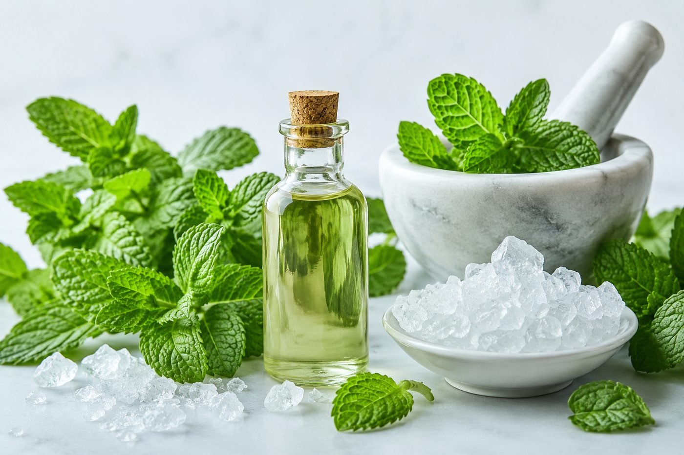 Fresh mint leaves and menthol crystals around a bottle of mint oil