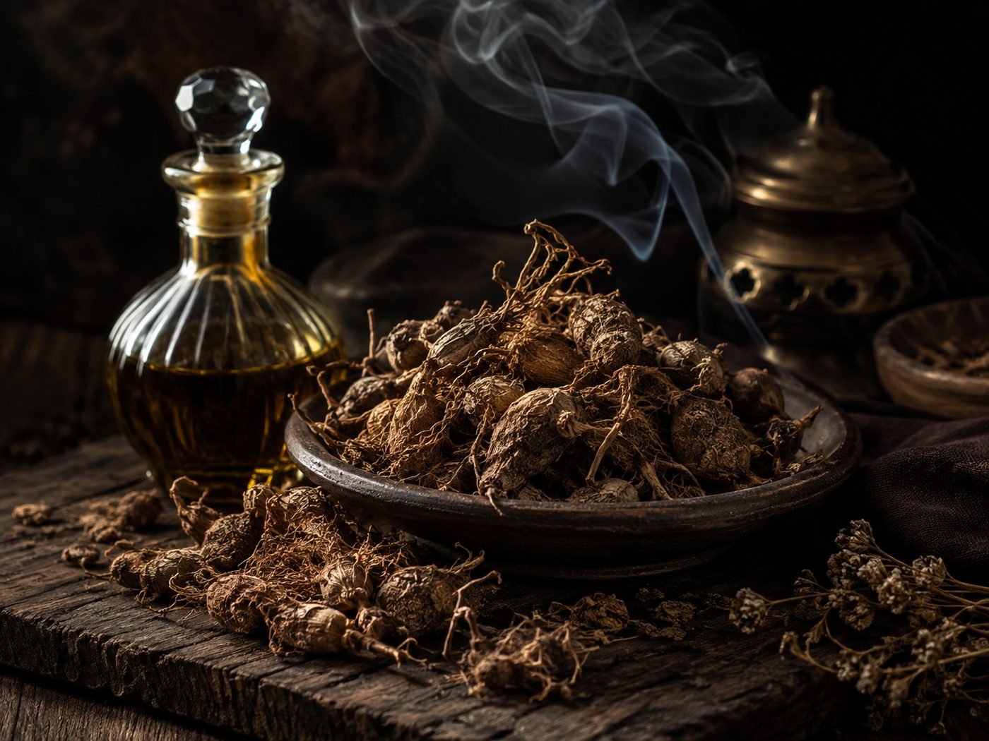 Nagarmotha (Cyperus scariosus) roots beside a bottle of dark golden oil
