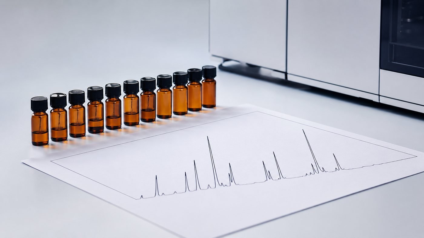 Amber essential-oil sample vials beside a GC-MS chromatogram on a lab bench