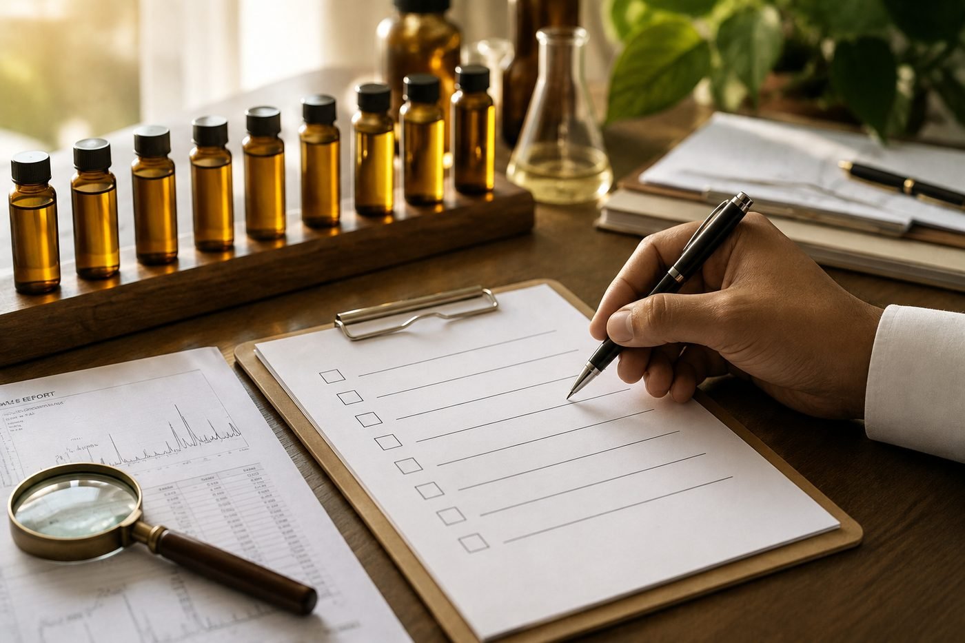 Checklist and clipboard beside essential-oil samples and documents on a desk