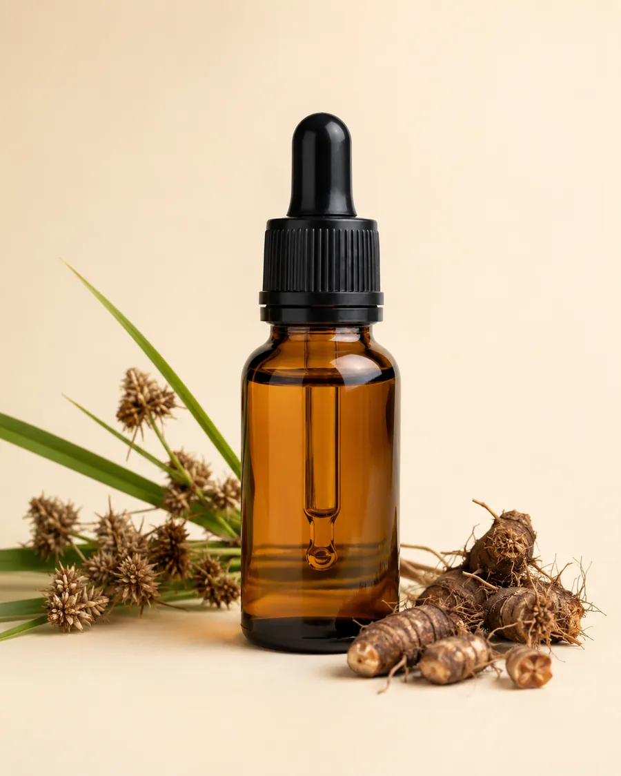 Amber bottle of Nagarmotha Cypriol essential oil beside cyperus roots