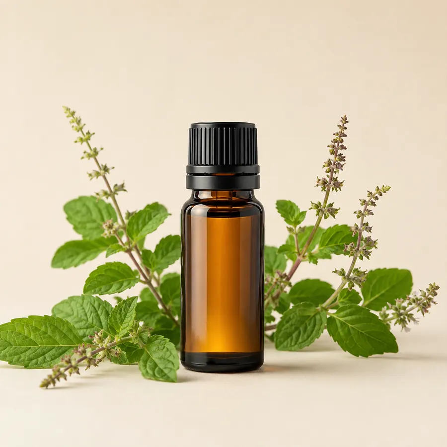 Amber bottle of Tulsi (Holy Basil) Oil from BEMIHUB Naturals