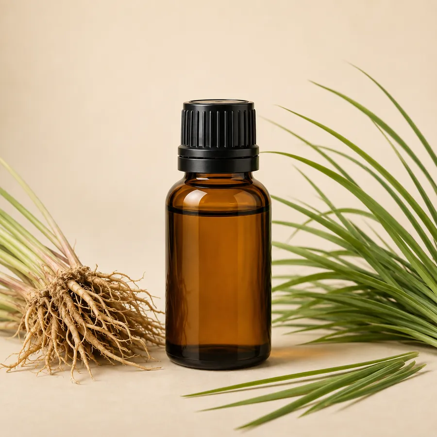 Amber bottle of Vetiver (Khus) Oil from BEMIHUB Naturals